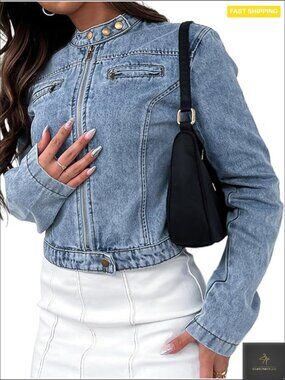 Stretchy Cropped Denim Jacket Zip Front Motorcycle Style Light Wash Y2K